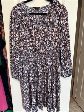 J. Crew Navy Long-Sleeve Floral Smocked-Waist Dress with Pink Blooms